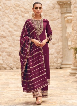 Wine Silk Embroidered Salwar Kameez