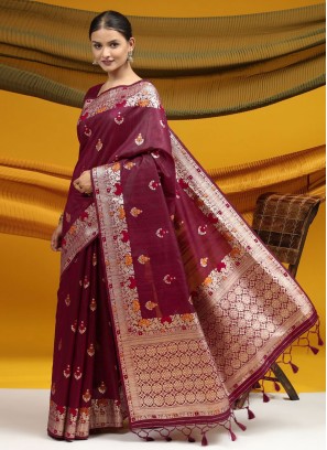 Wine Tussar Silk Meena Contemporary Saree