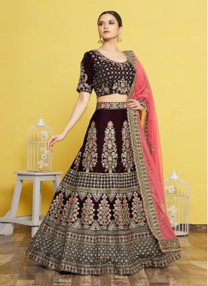 Wine Velvet Zari Trendy Lehenga Choli