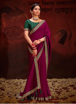 Wine Vichitra Silk Party Contemporary Saree