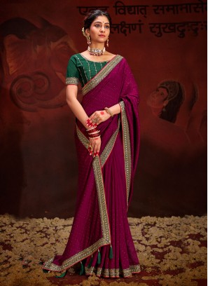 Wine Vichitra Silk Party Contemporary Saree