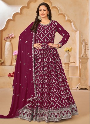 Winsome Faux Georgette Embroidered Wine Salwar Kameez