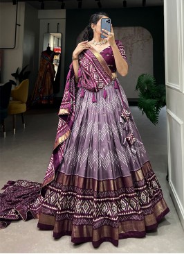 Winsome Foil Print Tussar Silk Wine Trendy Lehenga