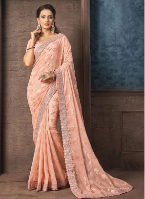 Winsome Peach Embroidered Trendy Saree
