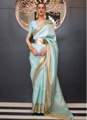 Winsome Silk Aqua Blue Weaving Trendy Saree