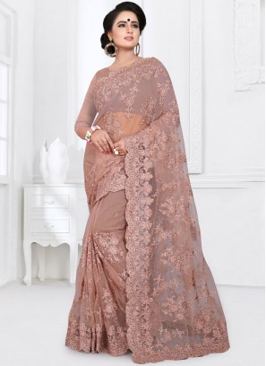 Wonderous Brown Embroidered Classic Designer Saree