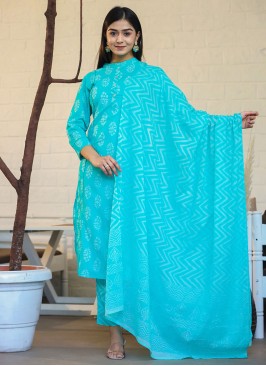 Wonderous Cotton Aqua Blue Printed Trendy Salwar Kameez