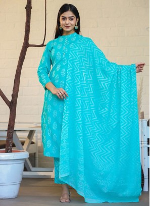 Wonderous Cotton Aqua Blue Printed Trendy Salwar Kameez