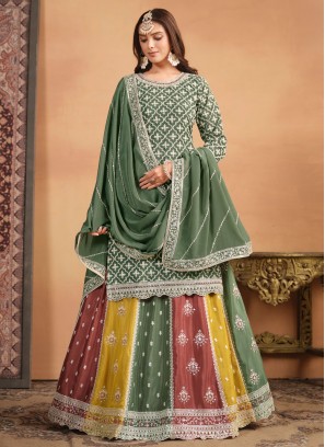 Wonderous Embroidered Green Chinon A Line Lehenga Choli