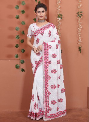 Wonderous Embroidered White Contemporary Style Saree