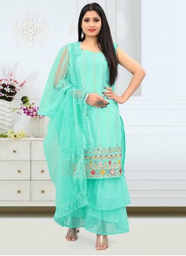 Wonderous Faux Georgette Sea Green Zari Readymade Salwar Kameez