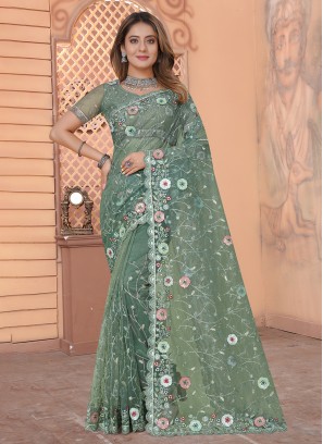 Wonderous Green Embroidered Net Classic Saree