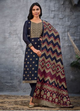 Wonderous Jacquard Silk Swarovski Navy Blue Straight Salwar Suit