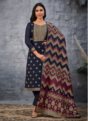 Wonderous Jacquard Silk Swarovski Navy Blue Straight Salwar Suit