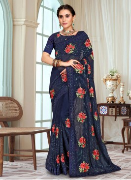 Wonderous Navy Blue Georgette Saree