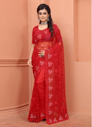Wonderous Net Red Embroidered Trendy Saree