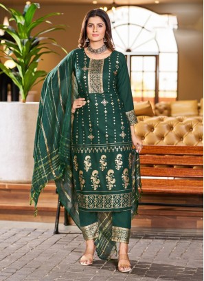 Wonderous Rayon Foil Print Green Readymade Salwar Kameez