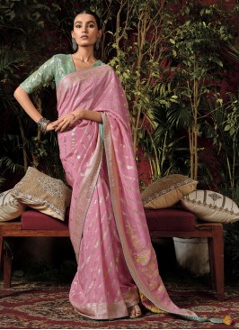 Wonderous Weaving Rose Pink Saree