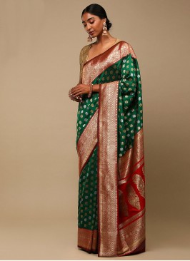 Woven Art Banarasi Silk Saree in Green and Red