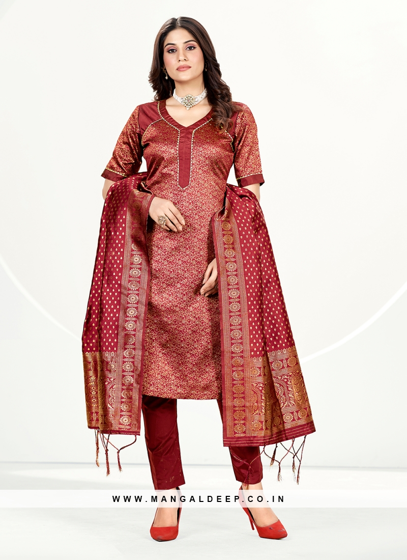 Woven Banarasi Silk Straight Salwar Suit in Rust