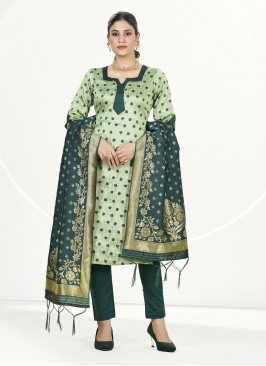 Woven Banarasi Silk Trendy Salwar Kameez in Sea Gr