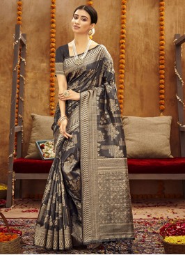 Woven Cotton Black Color Designer Saree