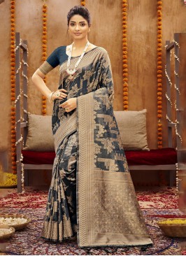 Woven Cotton Blue Color Designer Saree