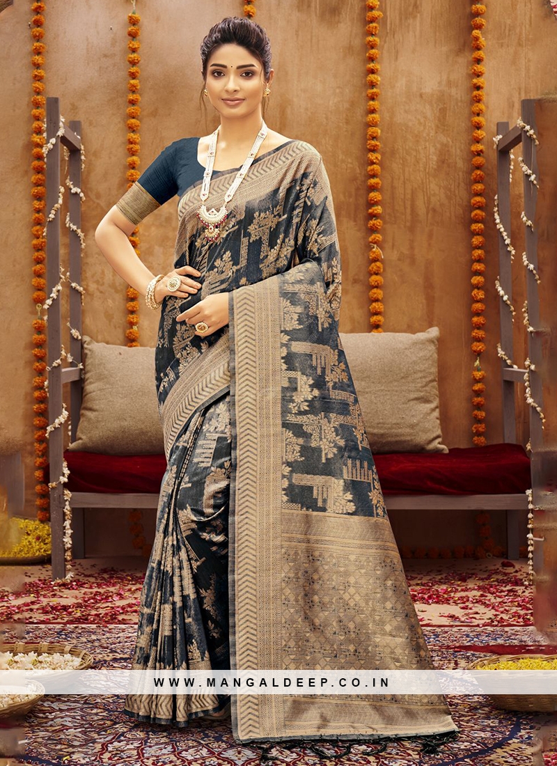 Woven Cotton Blue Color Designer Saree