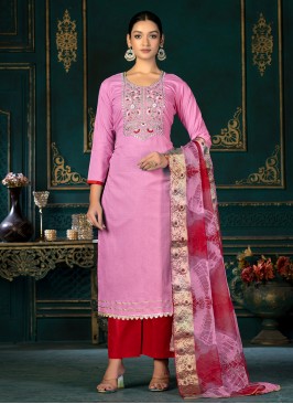 Woven Cotton Straight Suit in Pink