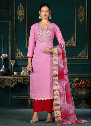 Woven Cotton Straight Suit in Pink
