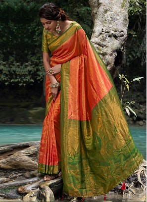 Woven Kanjivaram Silk Contemporary Saree in Orange