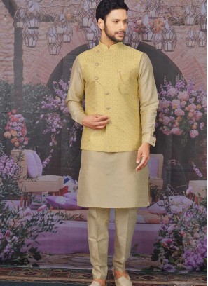 Yellow And Beige Color Silk Kurta Set