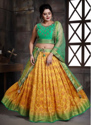 Yellow And Green Color Silk Lehenga For Haldi