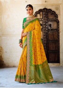 Yellow And Green Color Silk Saree