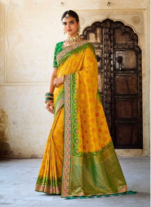 Yellow And Green Color Silk Saree