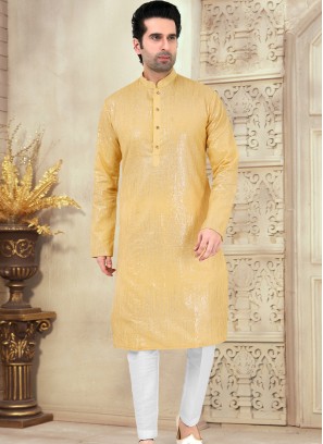 Yellow and Off-White Georgette Kurta Pajama Set with Sequence Work.