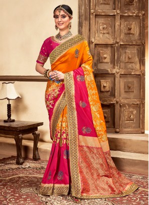 Yellow And Pink Color Banarasi Silk Saree