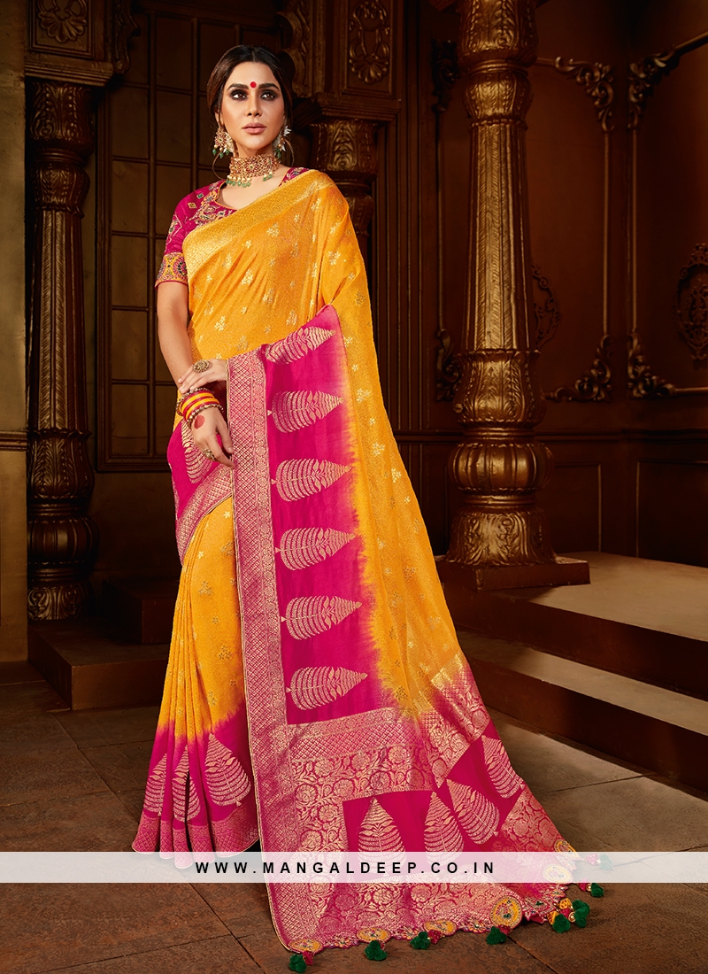 Yellow And Pink Color Designer Saree