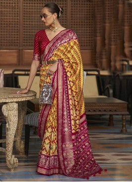 Yellow And Pink Color Patola Silk Saree