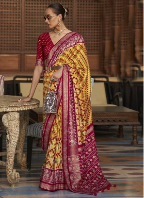 Yellow And Pink Color Patola Silk Saree