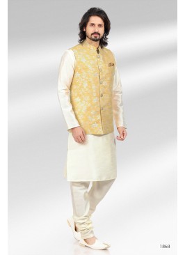 Yellow Banarasi Silk Kurta Set with Nehru Jacket