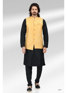 Yellow Banarasi Silk Kurta Set with Nehru Jacket