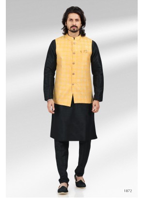 Yellow Banarasi Silk Kurta Set with Nehru Jacket