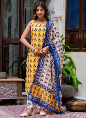 Yellow Blended Cotton Festival Designer Salwar Kameez