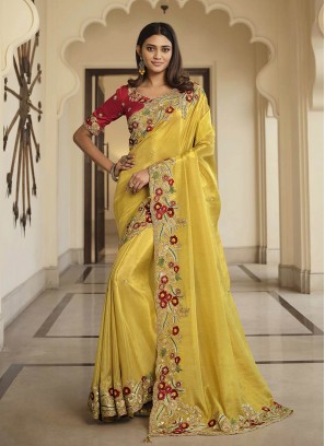 Yellow Color Art Silk Embroidered Saree