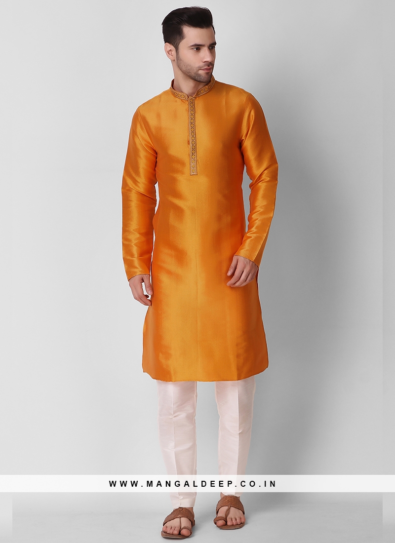 Yellow Color Art Silk Fancy Mens Kurta Set