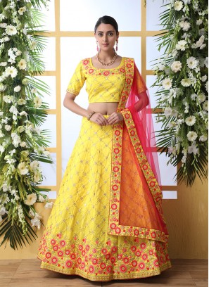 Yellow Color Art Silk Haldi Wear Lehenga