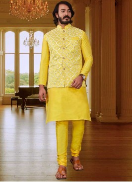 Yellow Color Art Silk Mens Jacket Set