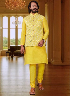 Yellow Color Art Silk Mens Jacket Set