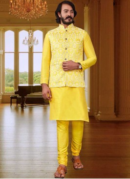 Yellow Color Art Silk Mens Kurta Jacket Set